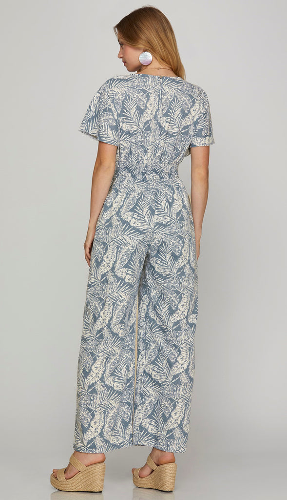 Destin Short Sleeve Printed Jumpsuit- Blue Grey