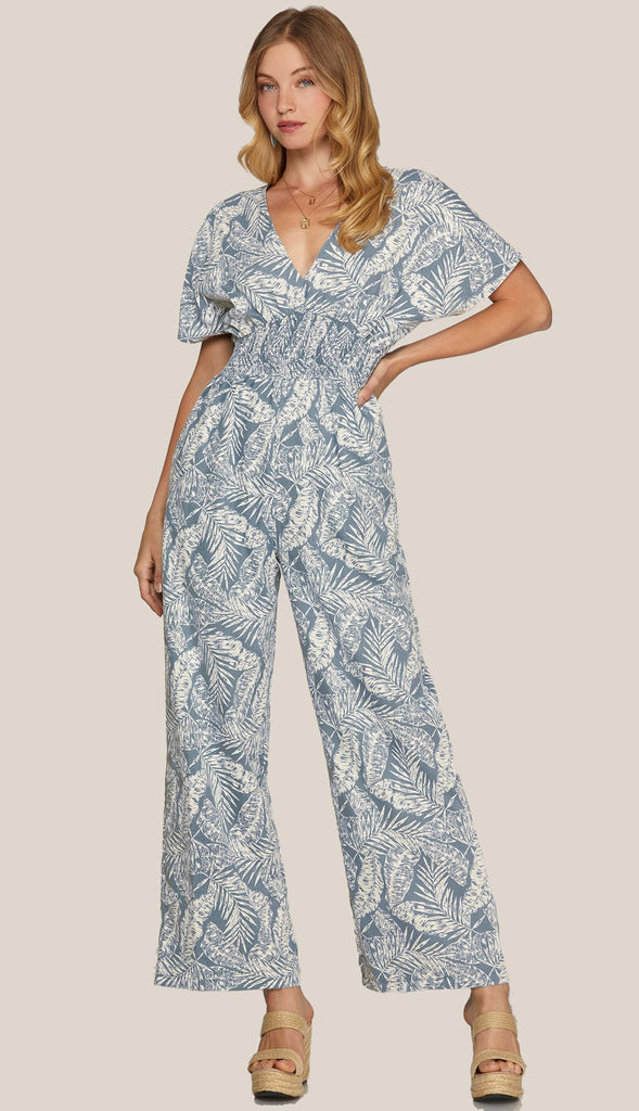 Destin Short Sleeve Printed Jumpsuit- Blue Grey