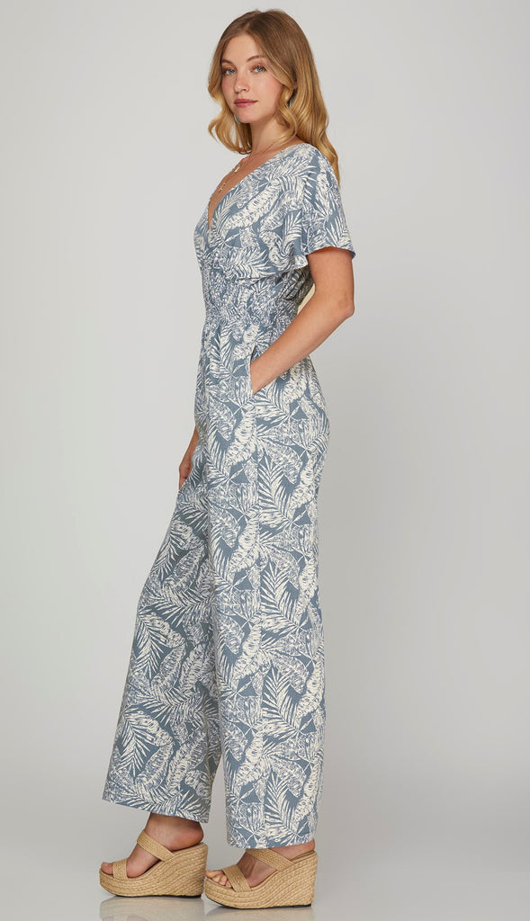 Destin Short Sleeve Printed Jumpsuit- Blue Grey