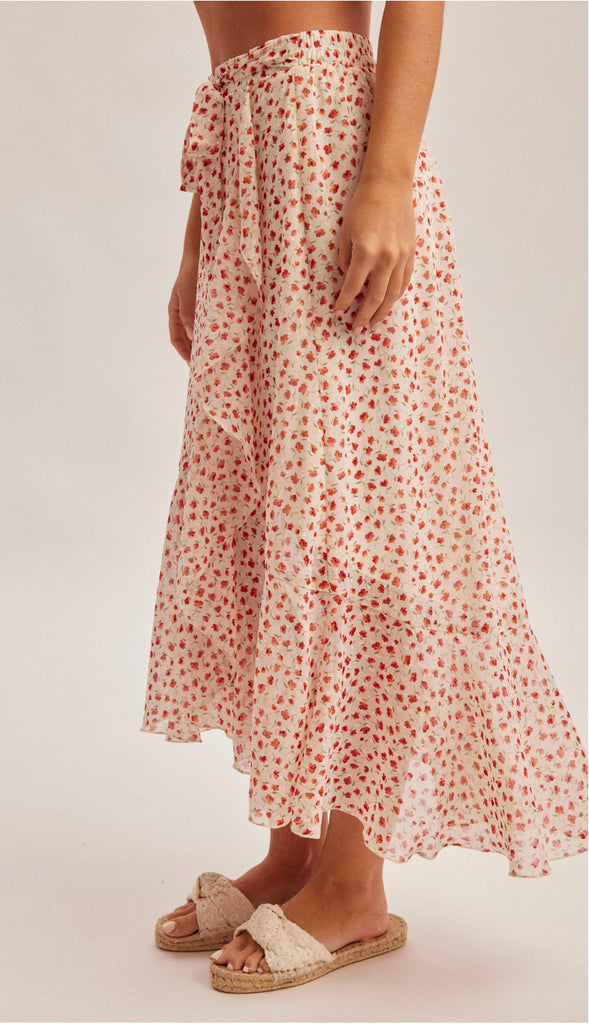 In Bloom Floral Print Tulip Hem Skirt- Ecru/Red