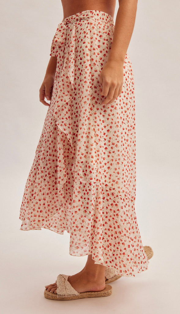 In Bloom Floral Print Tulip Hem Skirt- Ecru/Red