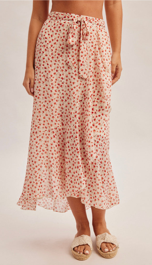 In Bloom Floral Print Tulip Hem Skirt- Ecru/Red