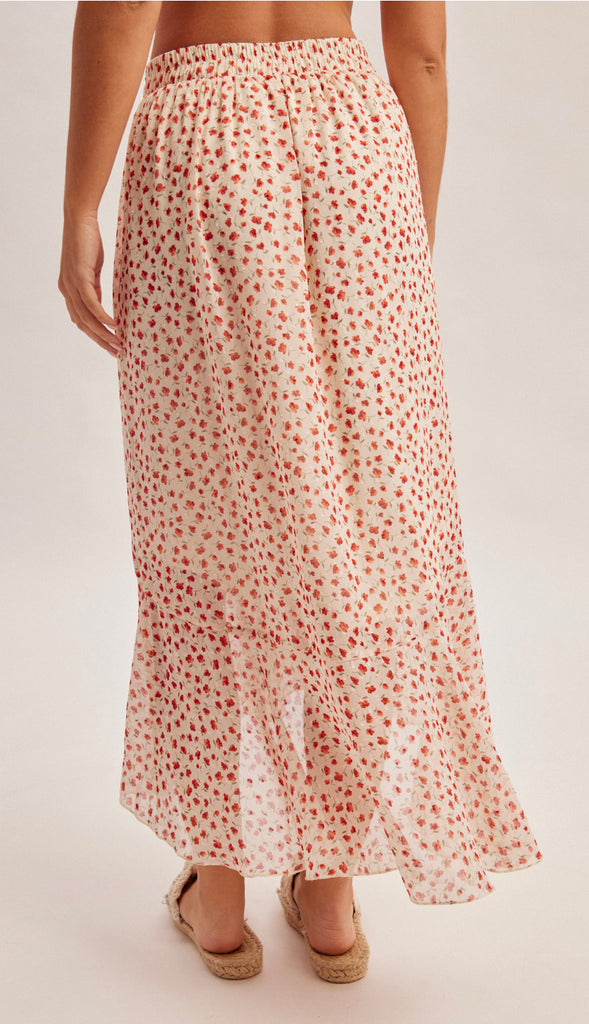 In Bloom Floral Print Tulip Hem Skirt- Ecru/Red