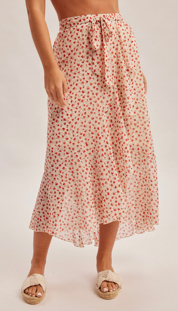 In Bloom Floral Print Tulip Hem Skirt- Ecru/Red