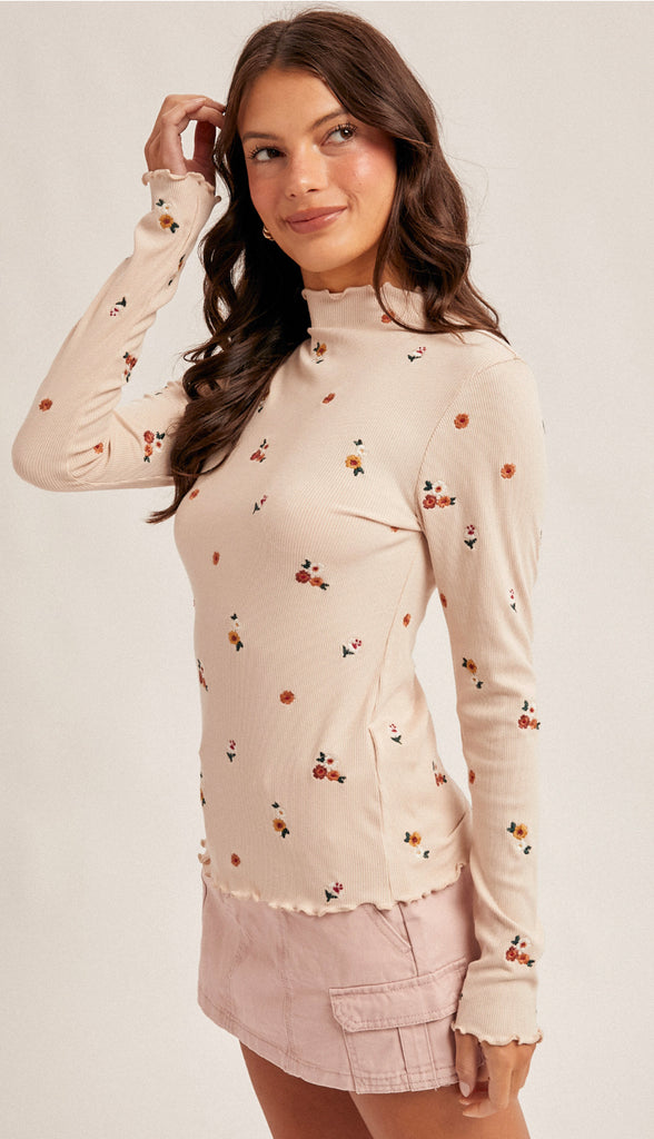 Oh Fall Floral Embroidered Cabbage Hem Mock Neck Rib Top- Ecru