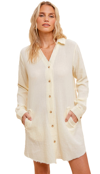 Spring Breeze Textured Collared Tunic- Ecru