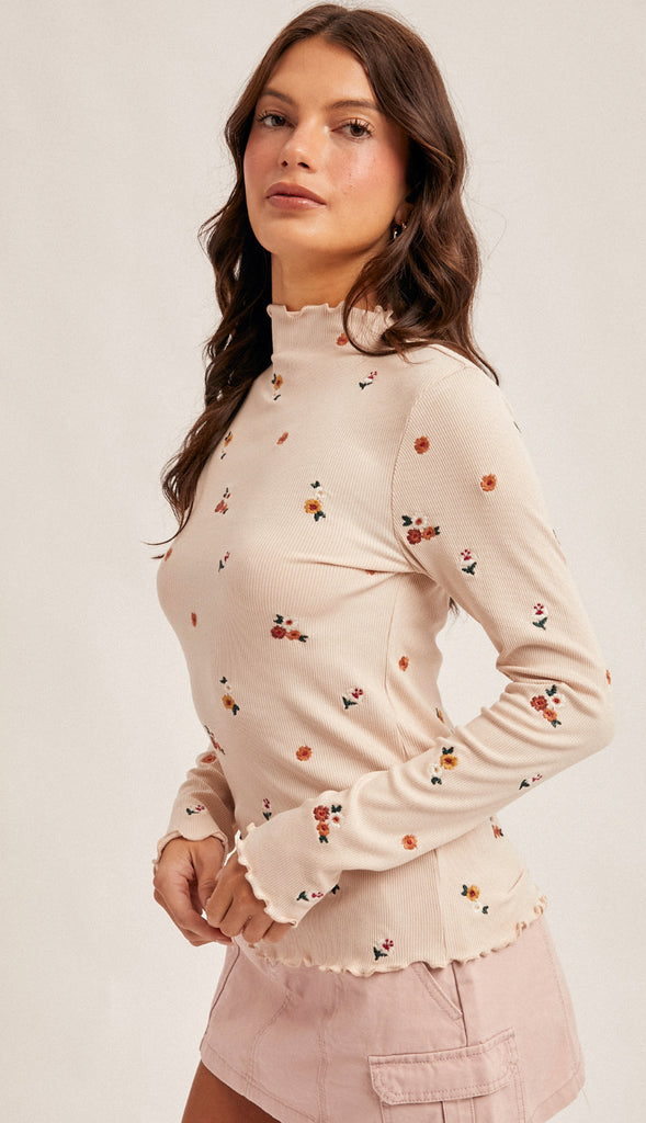 Oh Fall Floral Embroidered Cabbage Hem Mock Neck Rib Top- Ecru