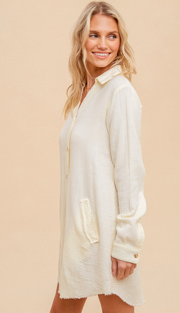 Spring Breeze Textured Collared Tunic- Ecru