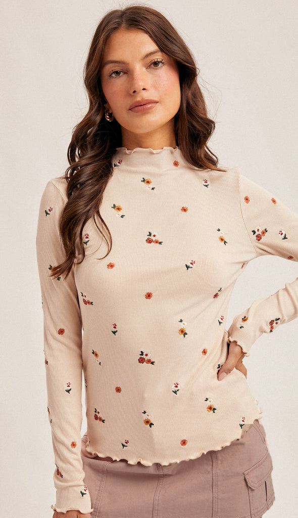 Oh Fall Floral Embroidered Cabbage Hem Mock Neck Rib Top- Ecru