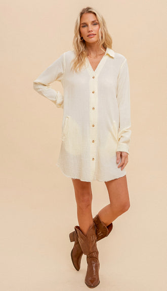 Spring Breeze Textured Collared Tunic- Ecru