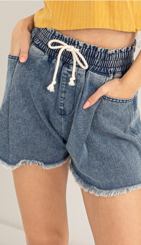 Casual Day Drawstring Denim Shorts- Light Denim