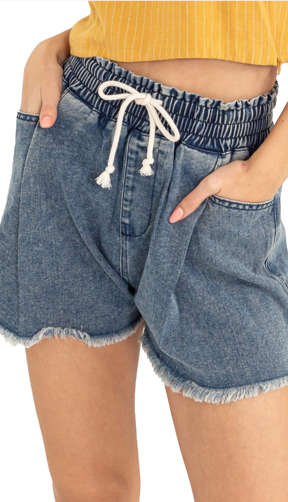 Casual Day Drawstring Denim Shorts- Light Denim