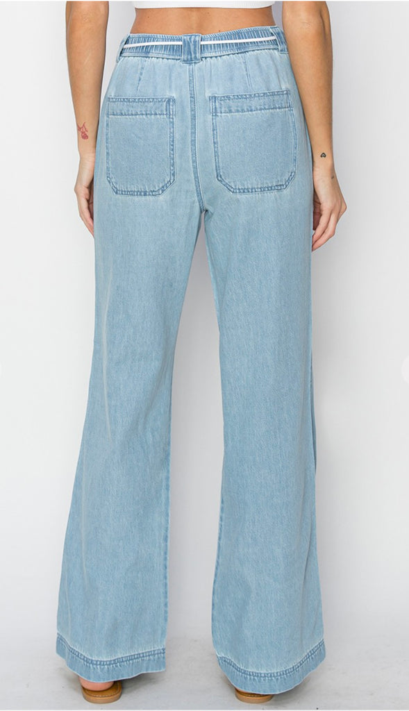 Risen High Rise Wide Leg Comfy Jeans- Med Wash