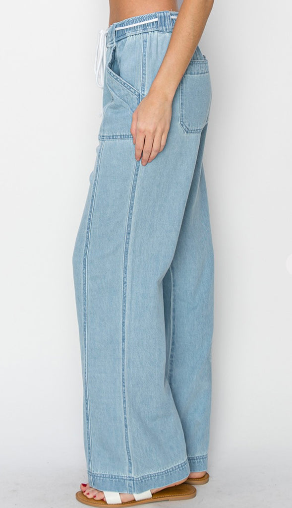 Risen High Rise Wide Leg Comfy Jeans- Med Wash