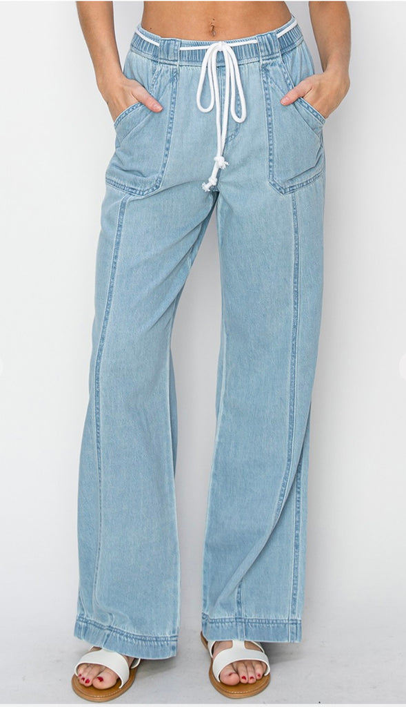 Risen High Rise Wide Leg Comfy Jeans- Med Wash