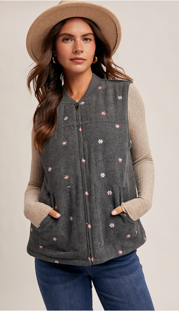 Daisy Floral Embroidered Corduroy Zip Vest- Dark Teal