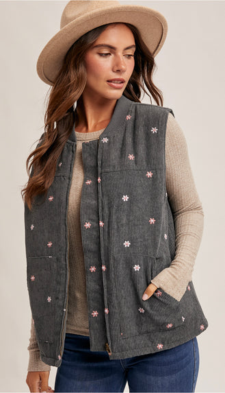 Daisy Floral Embroidered Corduroy Zip Vest- Dark Teal