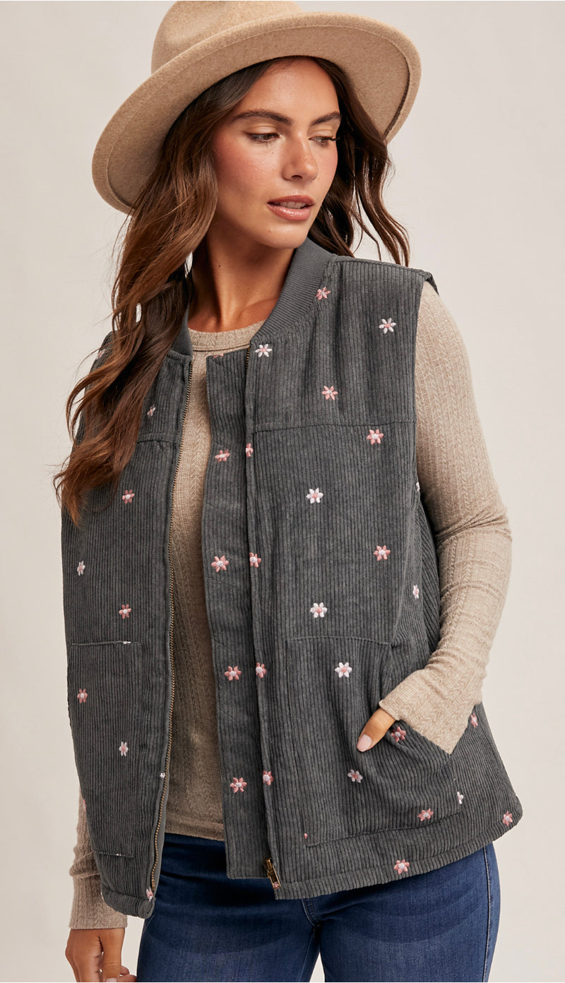 Daisy Floral Embroidered Corduroy Zip Vest- Dark Teal