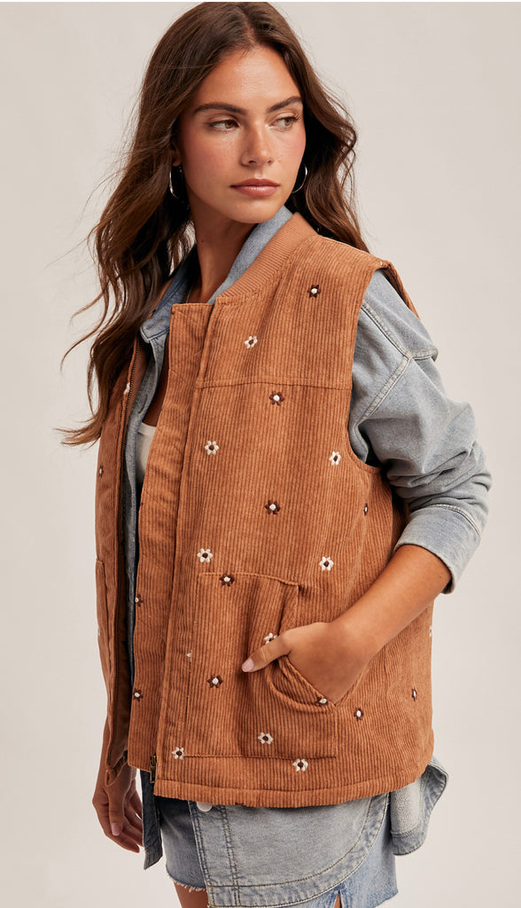 Daisy Floral Embroidered Corduroy Zip Vest- Caramel