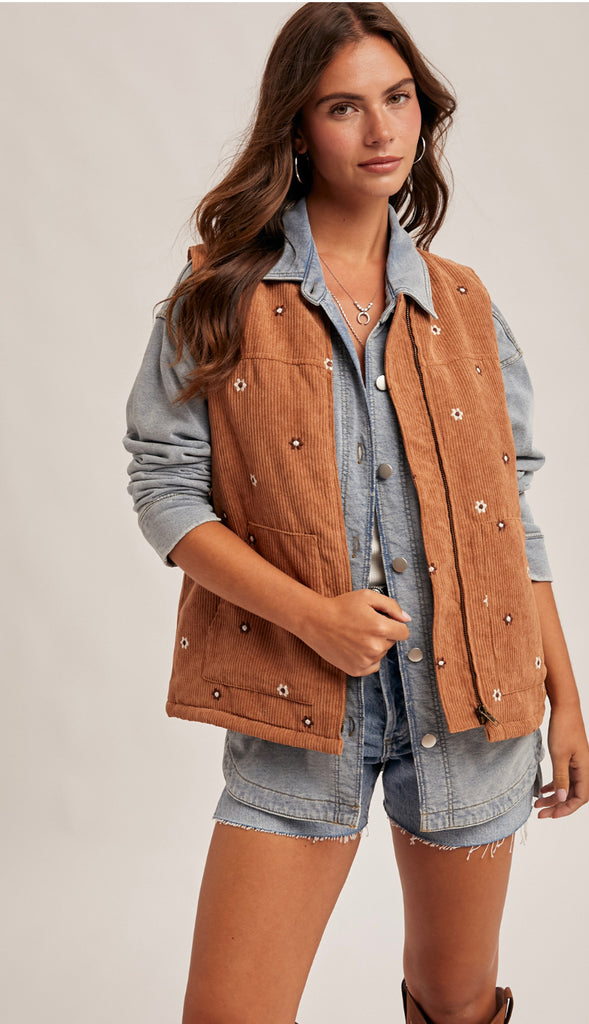 Daisy Floral Embroidered Corduroy Zip Vest- Dark Teal