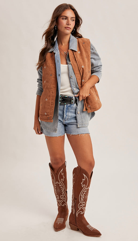 Daisy Floral Embroidered Corduroy Zip Vest- Dark Teal