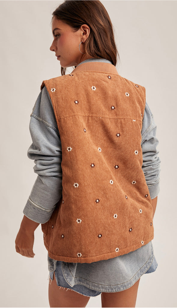 Daisy Floral Embroidered Corduroy Zip Vest- Dark Teal