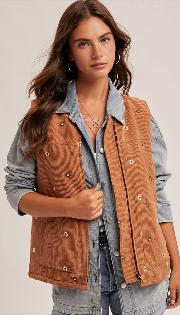 Daisy Floral Embroidered Corduroy Zip Vest- Caramel