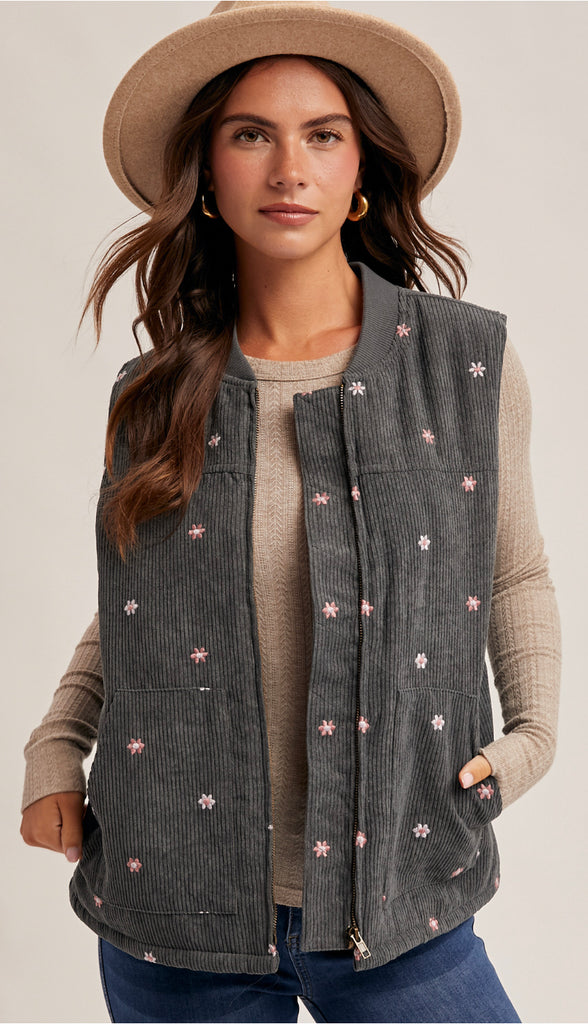Daisy Floral Embroidered Corduroy Zip Vest- Dark Teal