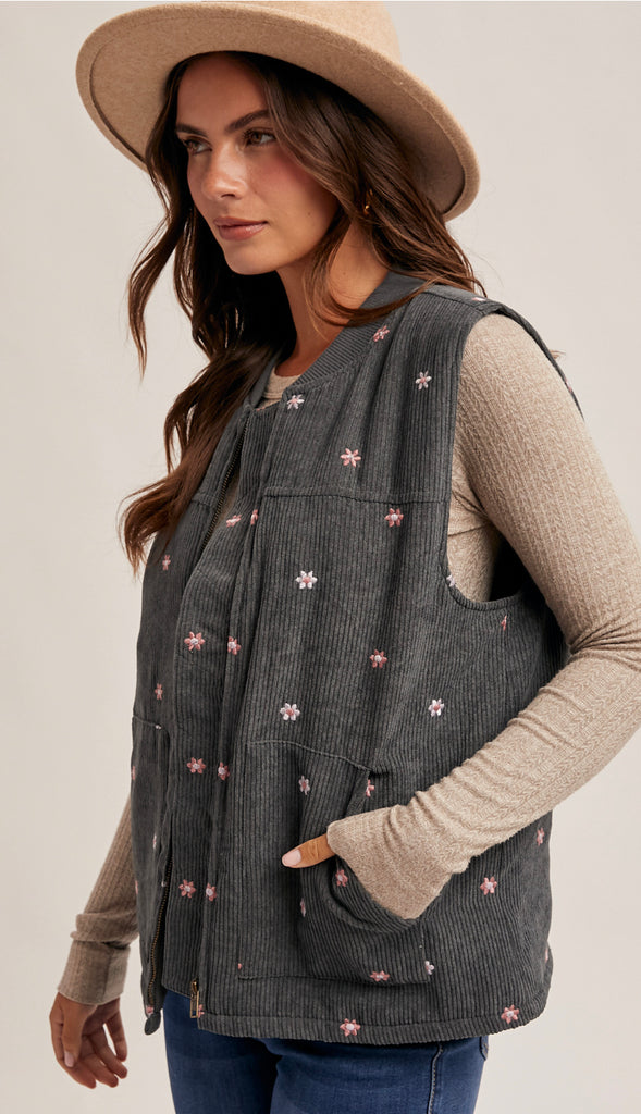 Daisy Floral Embroidered Corduroy Zip Vest- Dark Teal