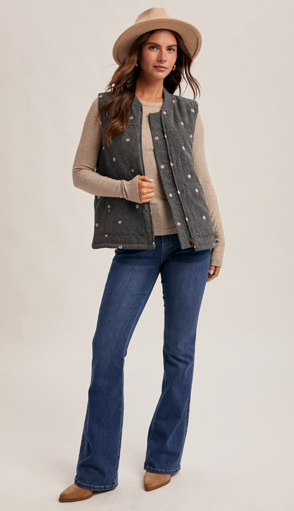 Daisy Floral Embroidered Corduroy Zip Vest- Caramel