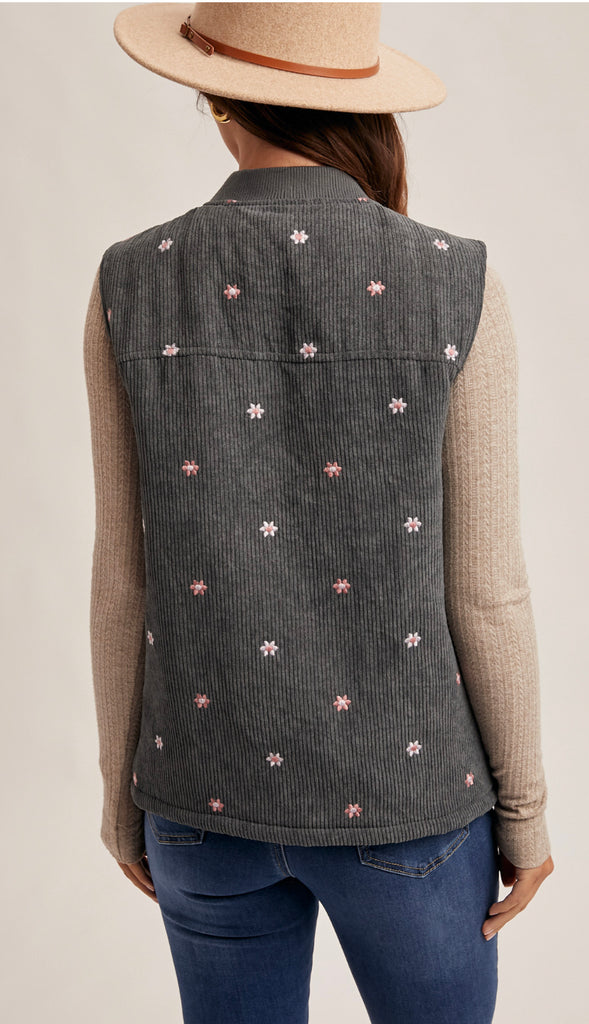 Daisy Floral Embroidered Corduroy Zip Vest- Dark Teal
