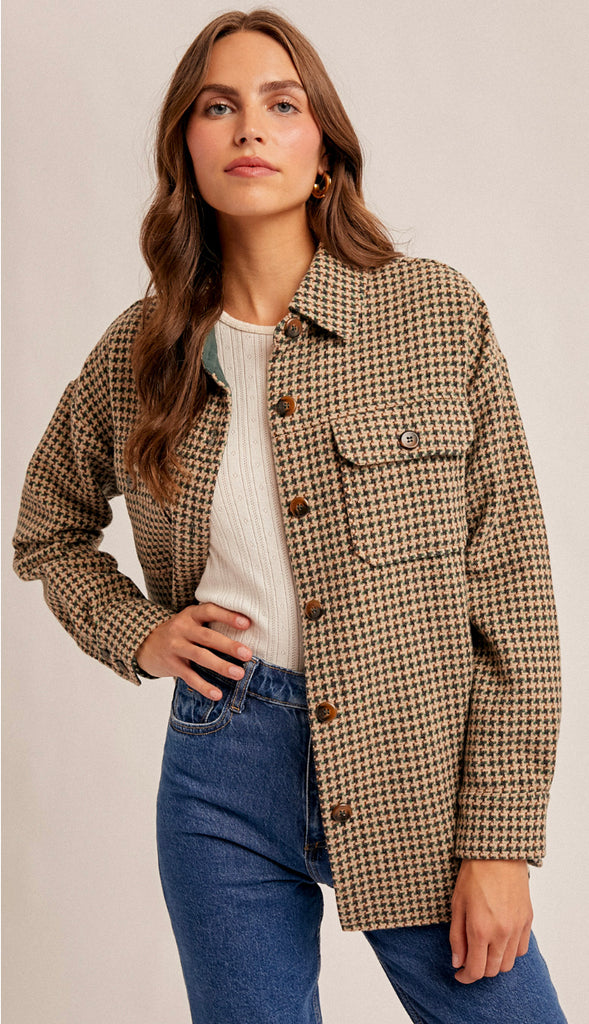 Houndstooth Button Down Shacket- Emerald Green