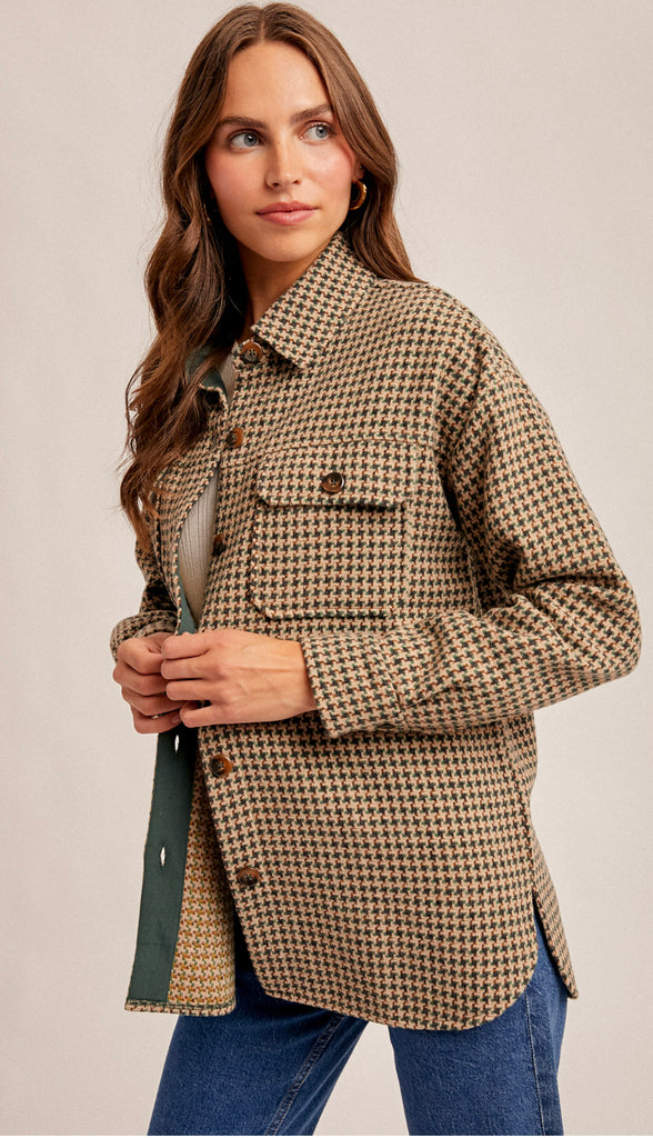 Houndstooth Button Down Shacket- Emerald Green