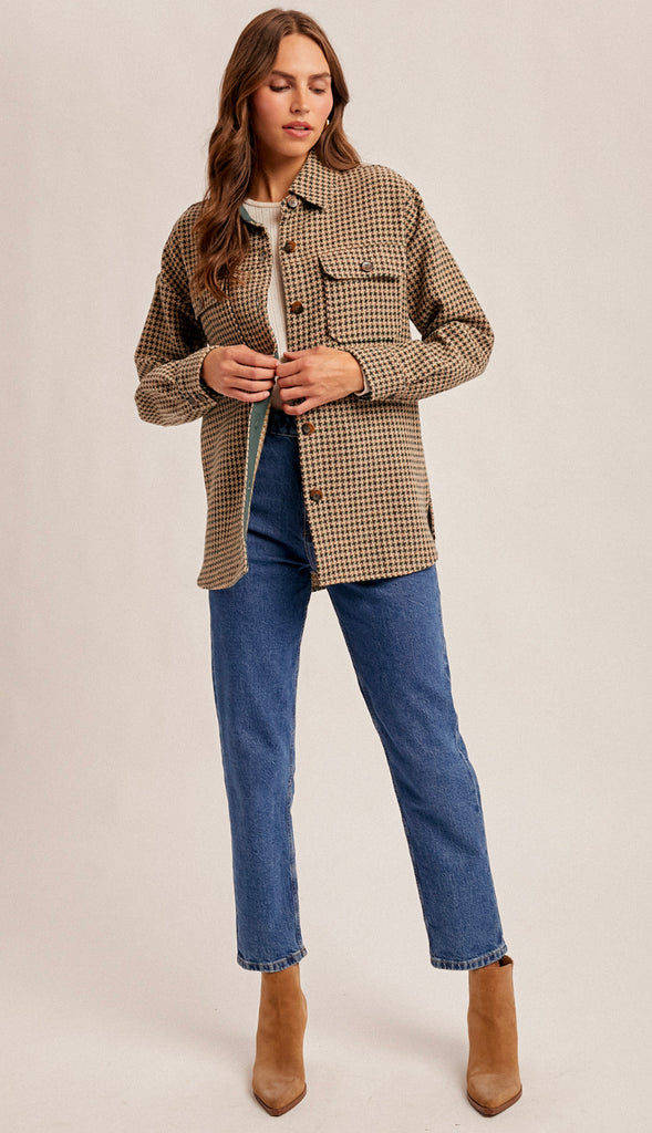 Houndstooth Button Down Shacket- Emerald Green