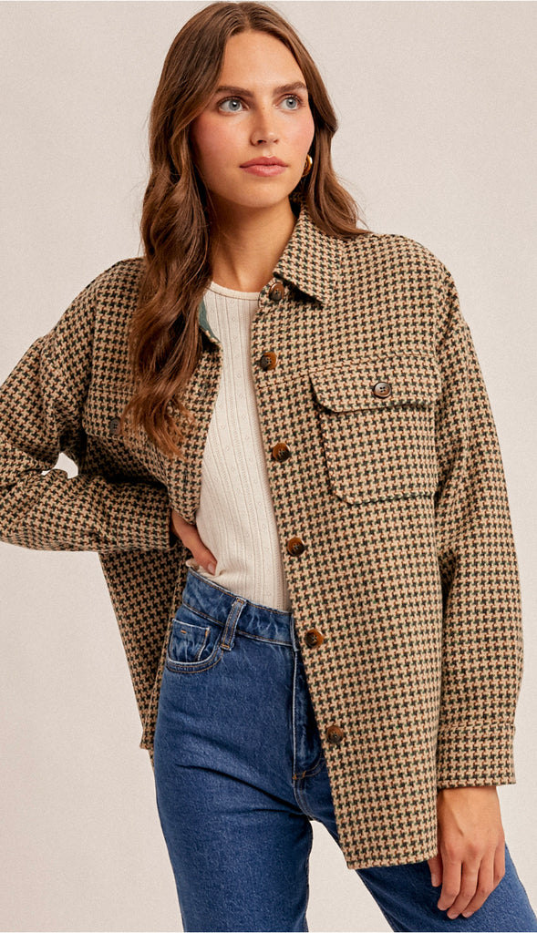 Houndstooth Button Down Shacket- Emerald Green