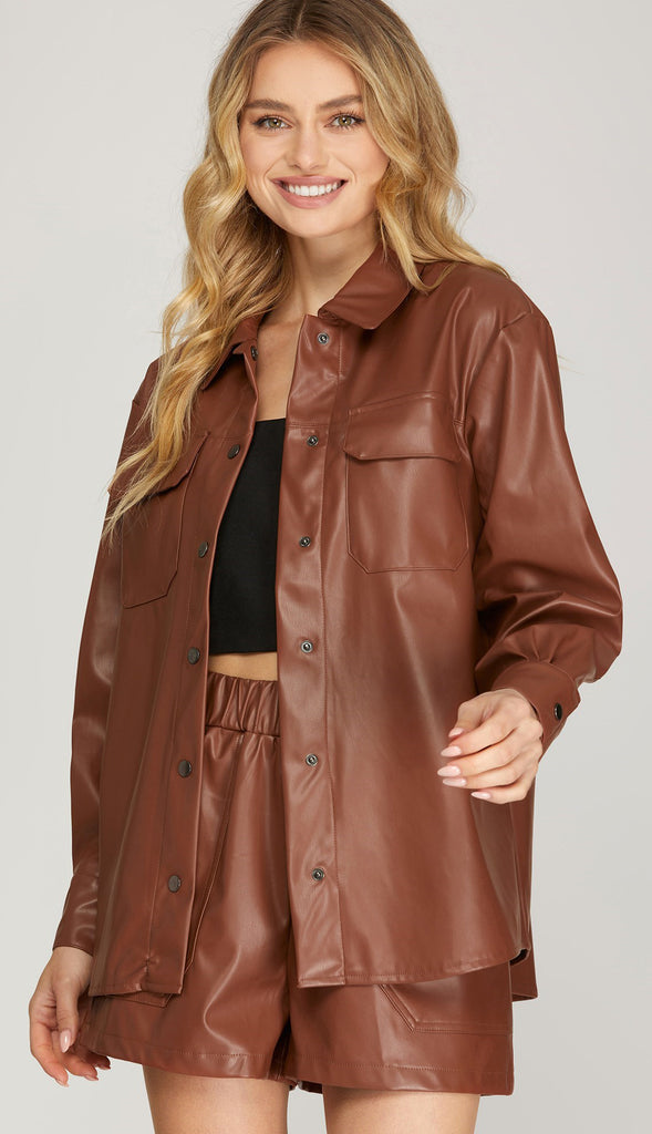 Jena Faux Leather Button Down Shirt- Espresso