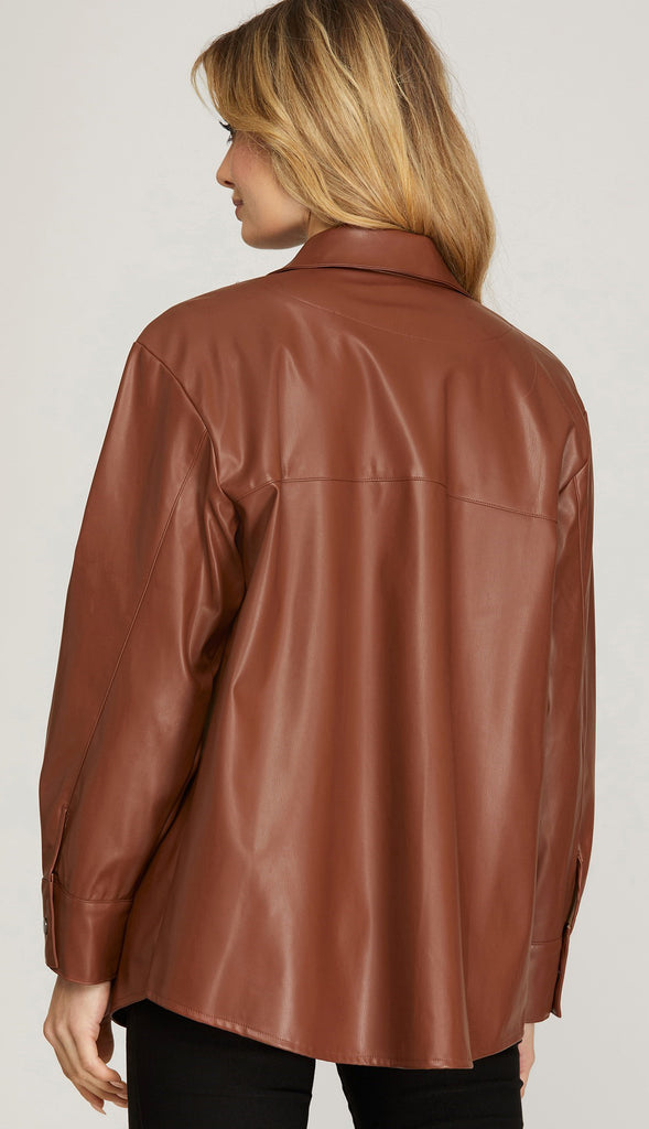 Jena Faux Leather Button Down Shirt- Espresso