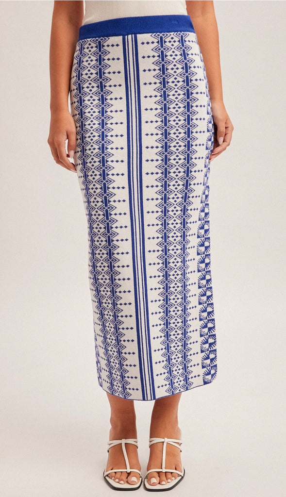 Vacay Away Ethnic Sweater Midi Skirt- Cobalt Blue