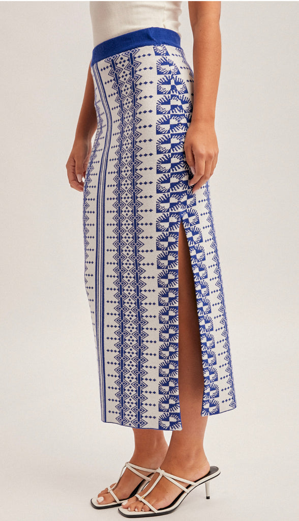 Vacay Away Ethnic Sweater Midi Skirt- Cobalt Blue