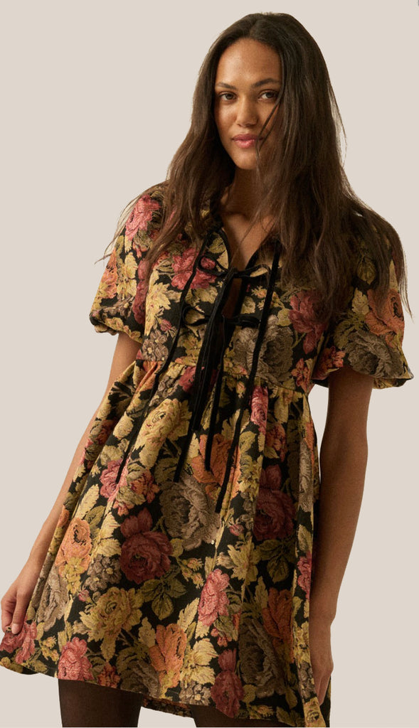 Floral Tapestry Tie Front Babydoll Dress- Black