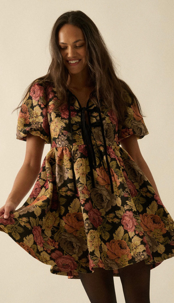 Floral Tapestry Tie Front Babydoll Dress- Black