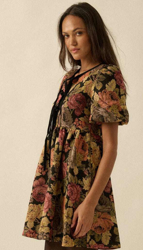 Floral Tapestry Tie Front Babydoll Dress- Black
