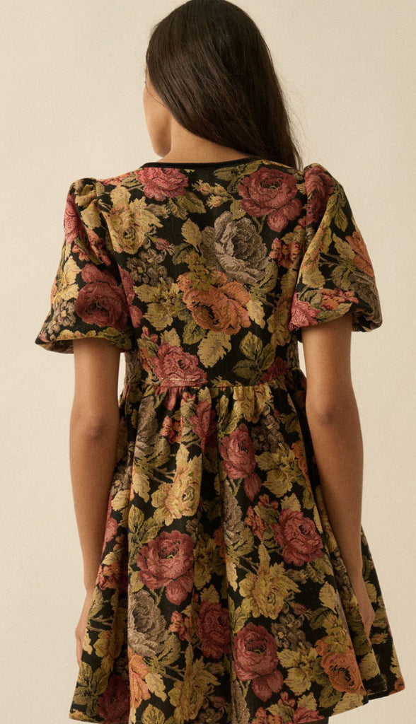 Floral Tapestry Tie Front Babydoll Dress- Black