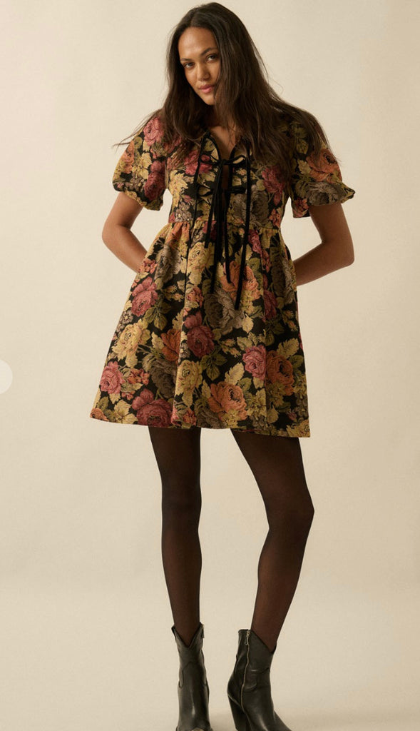 Floral Tapestry Tie Front Babydoll Dress- Black