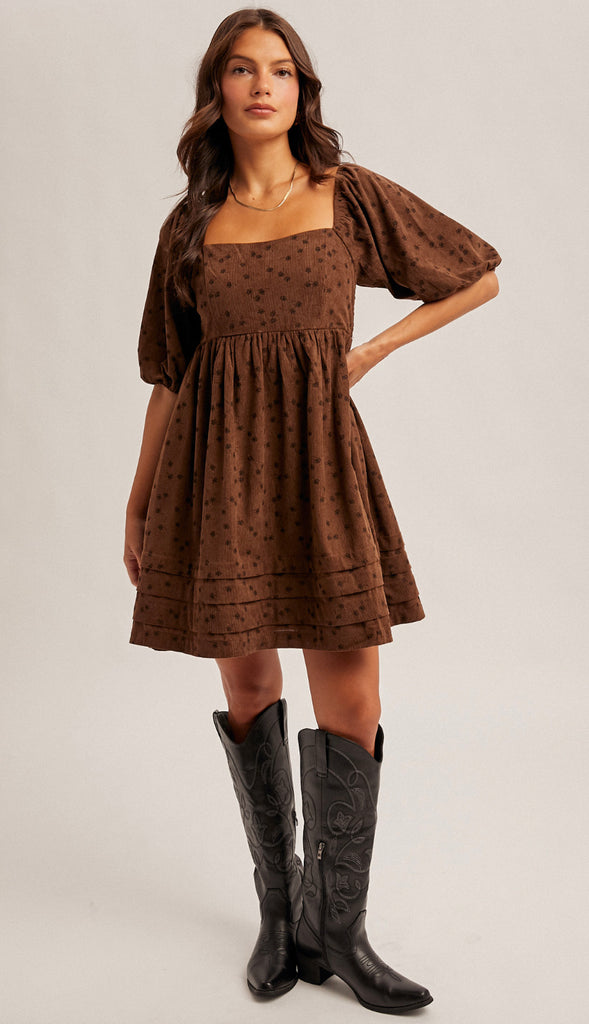 Rowan Floral Corduroy Baby Doll Dress- Olive