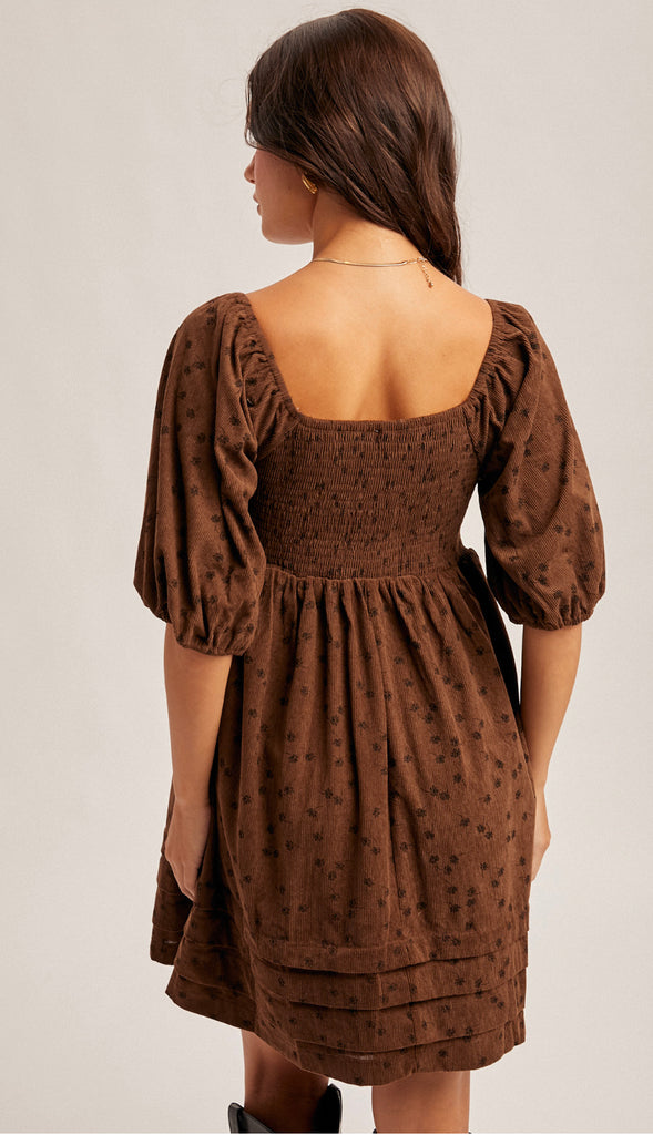 Rowan Floral Corduroy Baby Doll Dress- Olive