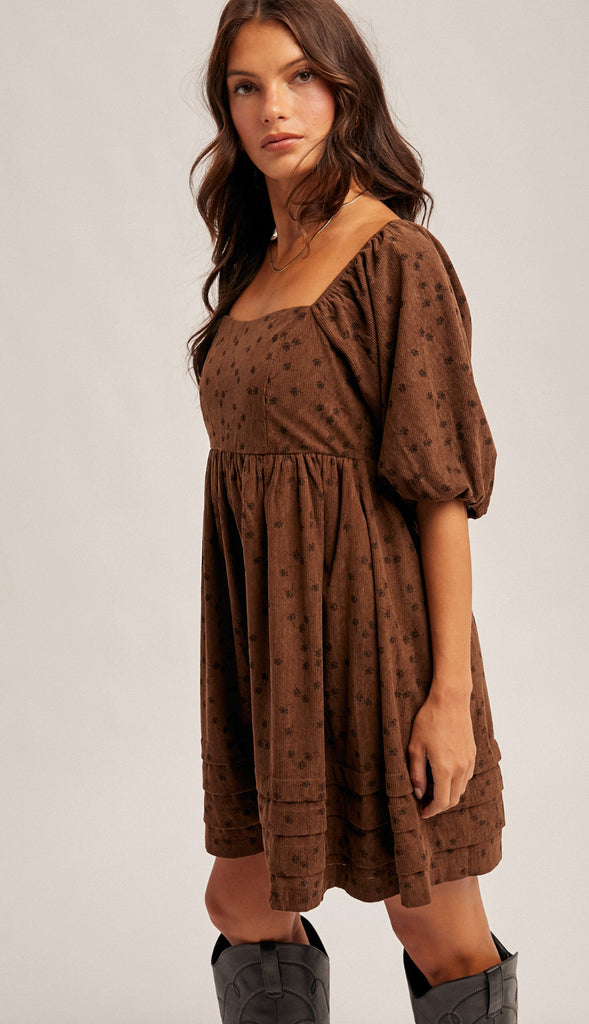 Rowan Floral Corduroy Baby Doll Dress- Olive