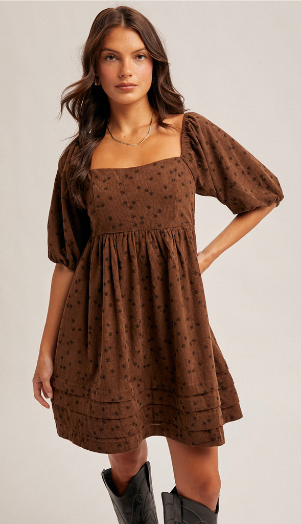 Rowan Floral Corduroy Baby Doll Dress- Mocha