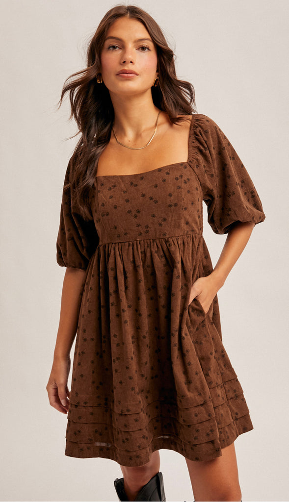 Rowan Floral Corduroy Baby Doll Dress- Olive