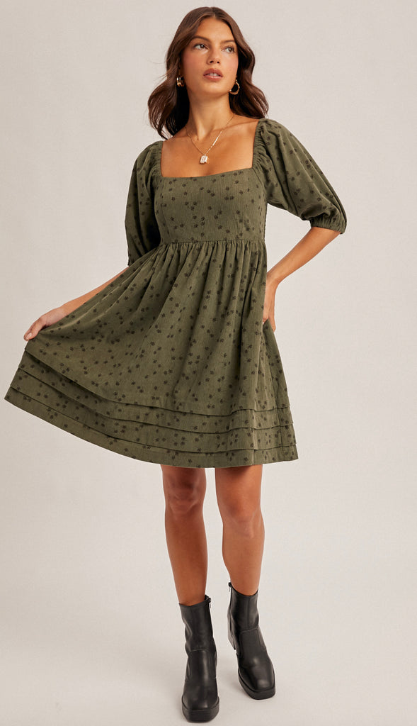 Rowan Floral Corduroy Baby Doll Dress- Olive
